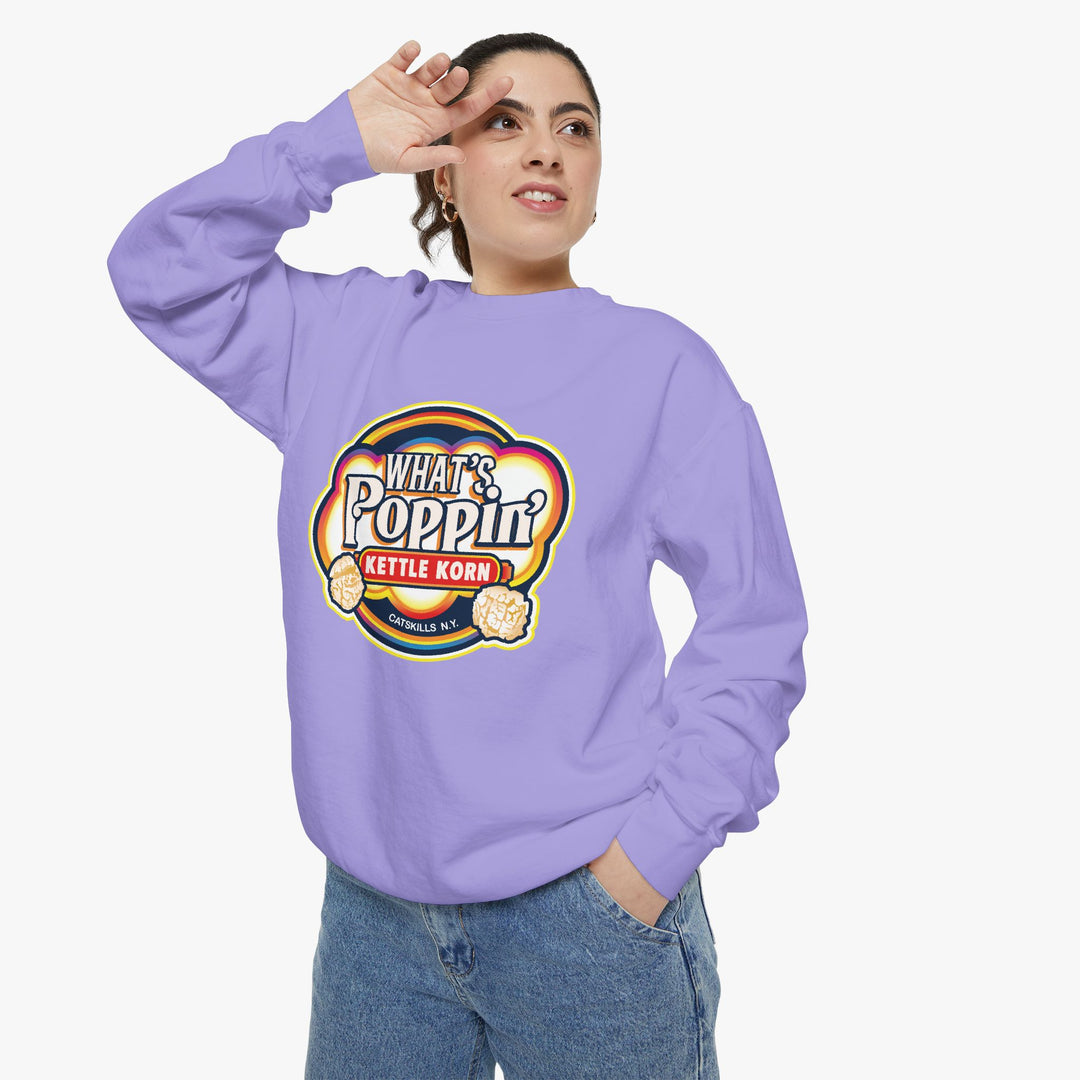 What’s Poppin’ Kettle Korn™ Crewneck Sweatshirt — Retro Snack Logo Pullover (Comfort Colors 1566) | Unisex