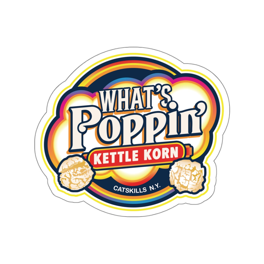 What’s Poppin’ Kettle Korn Vinyl Sticker – Retro Catskills Snack Logo | Waterproof Die-Cut Decal