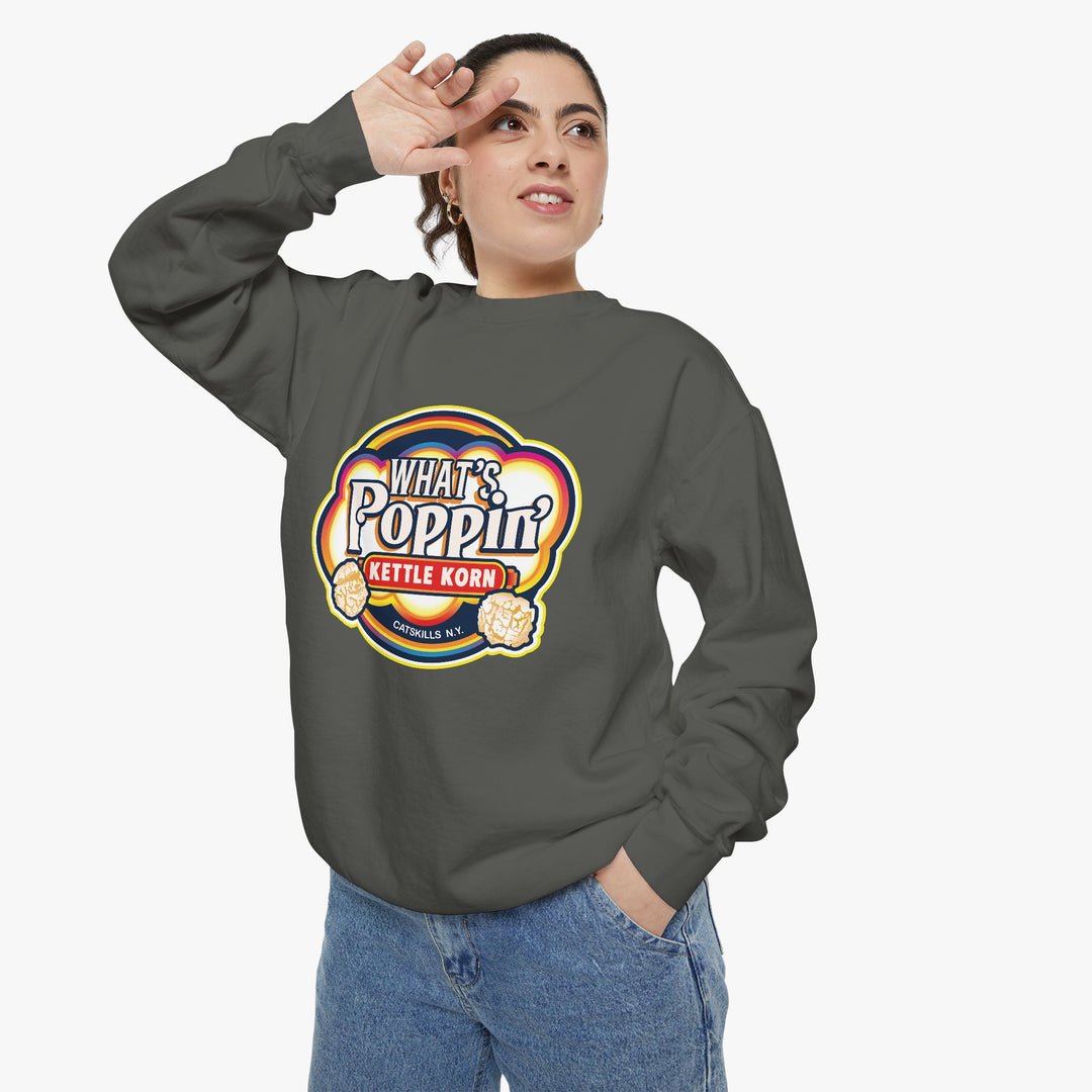 What’s Poppin’ Kettle Korn™ Crewneck Sweatshirt — Retro Snack Logo Pullover (Comfort Colors 1566) | Unisex