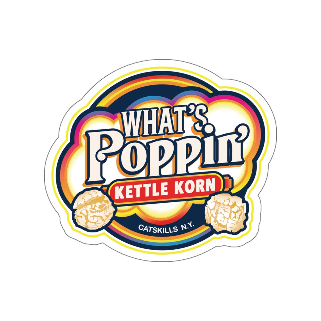 What’s Poppin’ Kettle Korn Vinyl Sticker – Retro Catskills Snack Logo | Waterproof Die-Cut Decal