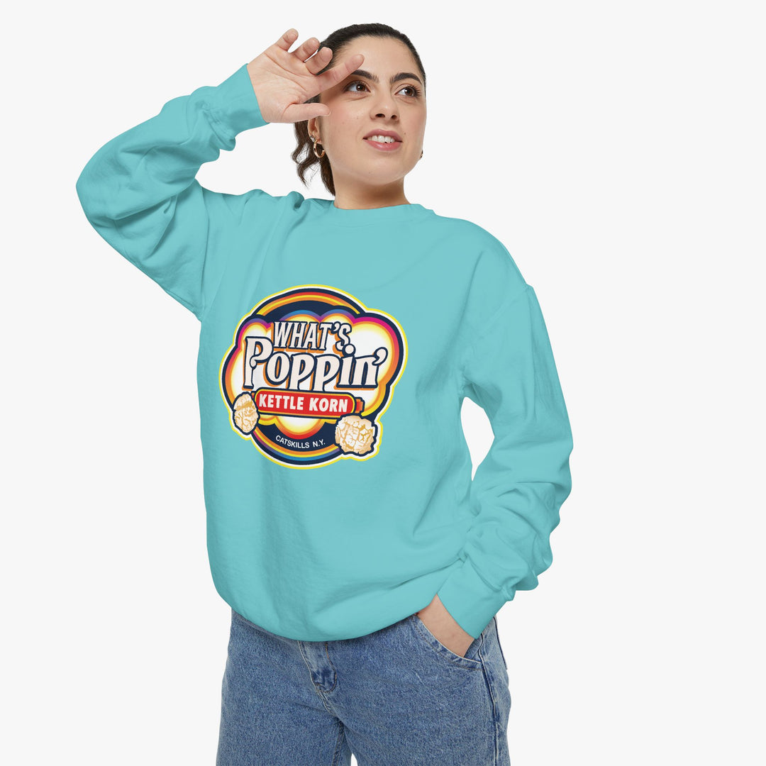 What’s Poppin’ Kettle Korn™ Crewneck Sweatshirt — Retro Snack Logo Pullover (Comfort Colors 1566) | Unisex