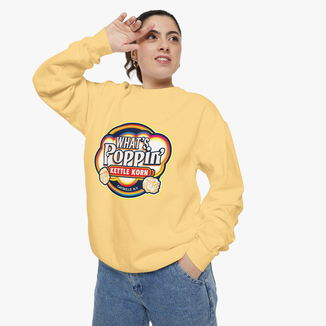 What’s Poppin’ Kettle Korn™ Crewneck Sweatshirt — Retro Snack Logo Pullover (Comfort Colors 1566) | Unisex