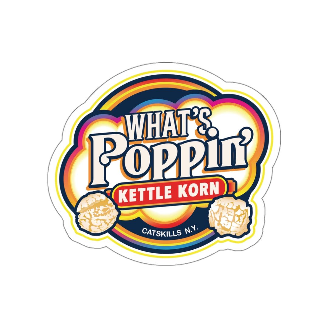 What’s Poppin’ Kettle Korn™ Sticker – Retro Catskills Snack Logo | Waterproof Vinyl Die-Cut Decal