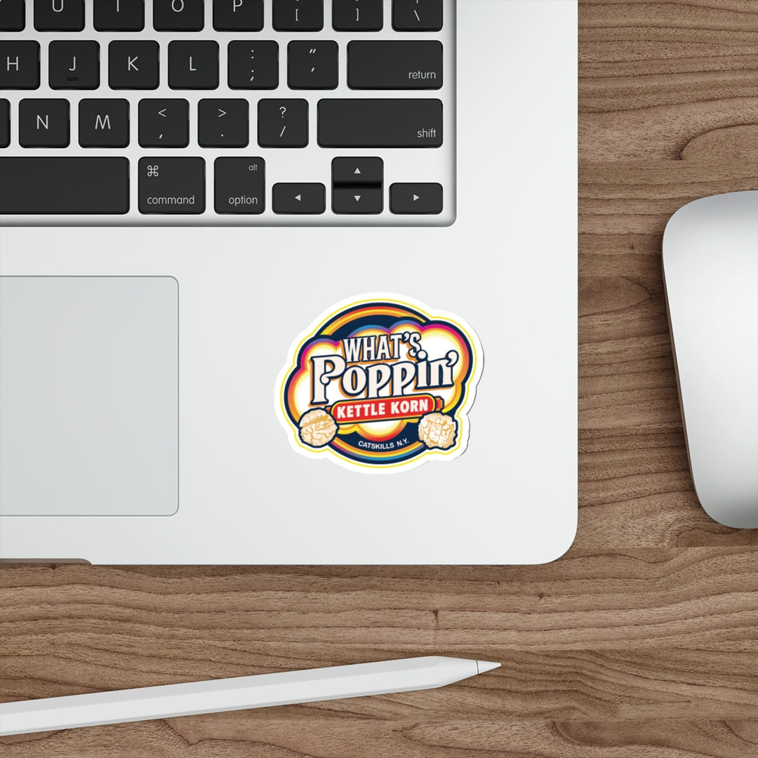 What’s Poppin’ Kettle Korn™ Sticker – Retro Catskills Snack Logo | Waterproof Vinyl Die-Cut Decal