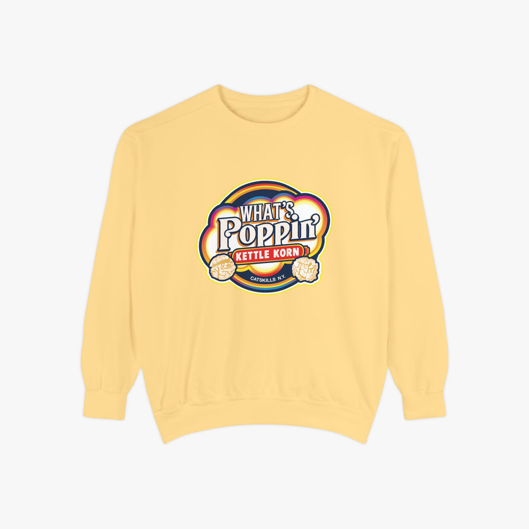 What’s Poppin’ Kettle Korn™ Crewneck Sweatshirt — Retro Snack Logo Pullover (Comfort Colors 1566) | Unisex