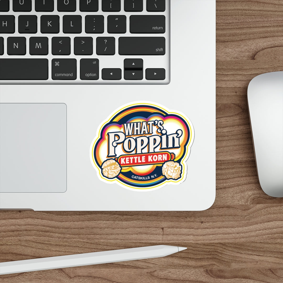 What’s Poppin’ Kettle Korn™ Sticker – Retro Catskills Snack Logo | Waterproof Vinyl Die-Cut Decal