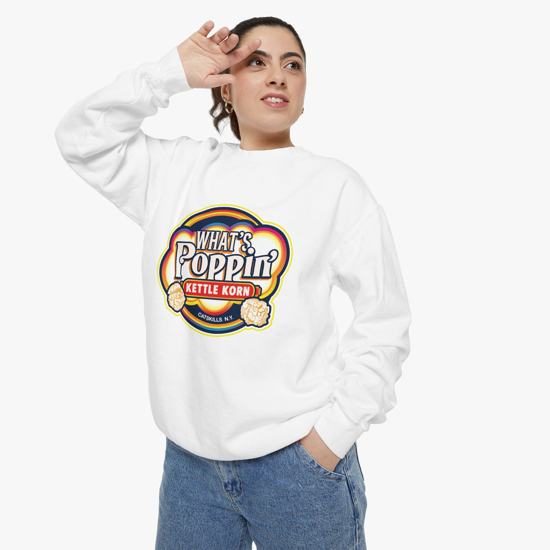 What’s Poppin’ Kettle Korn™ Crewneck Sweatshirt — Retro Snack Logo Pullover (Comfort Colors 1566) | Unisex