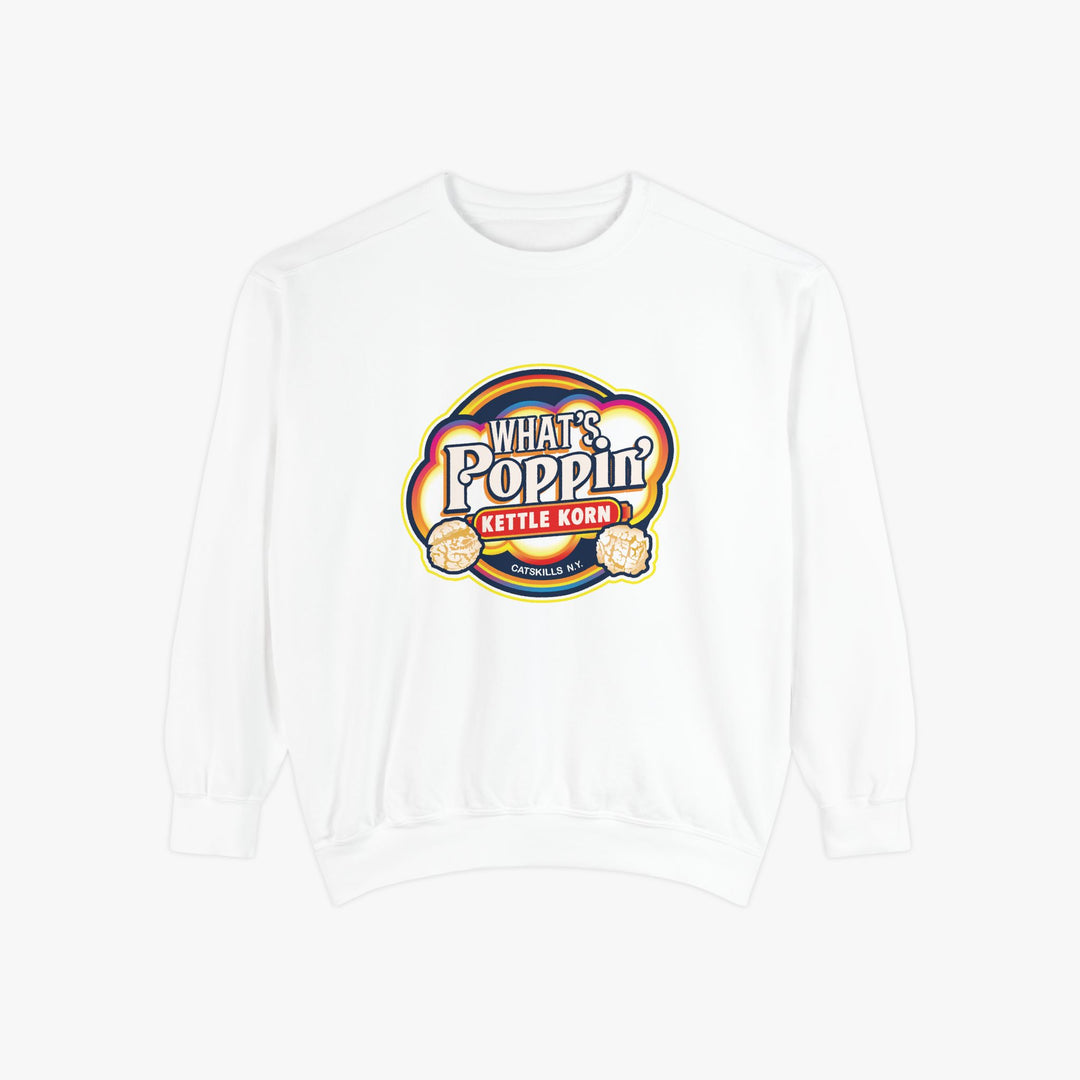 What’s Poppin’ Kettle Korn™ Crewneck Sweatshirt — Retro Snack Logo Pullover (Comfort Colors 1566) | Unisex