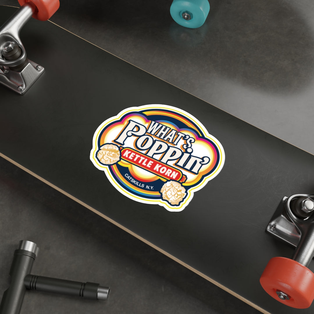 What’s Poppin’ Kettle Korn Vinyl Sticker – Retro Catskills Snack Logo | Waterproof Die-Cut Decal